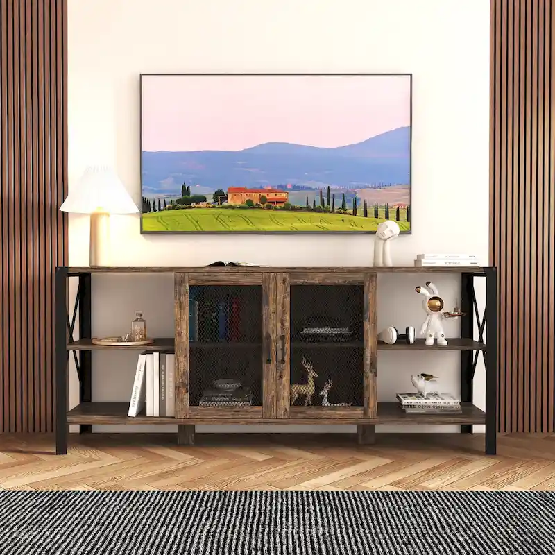Industrial Farmhouse TV Stand with Storage Shelves and Cabinets