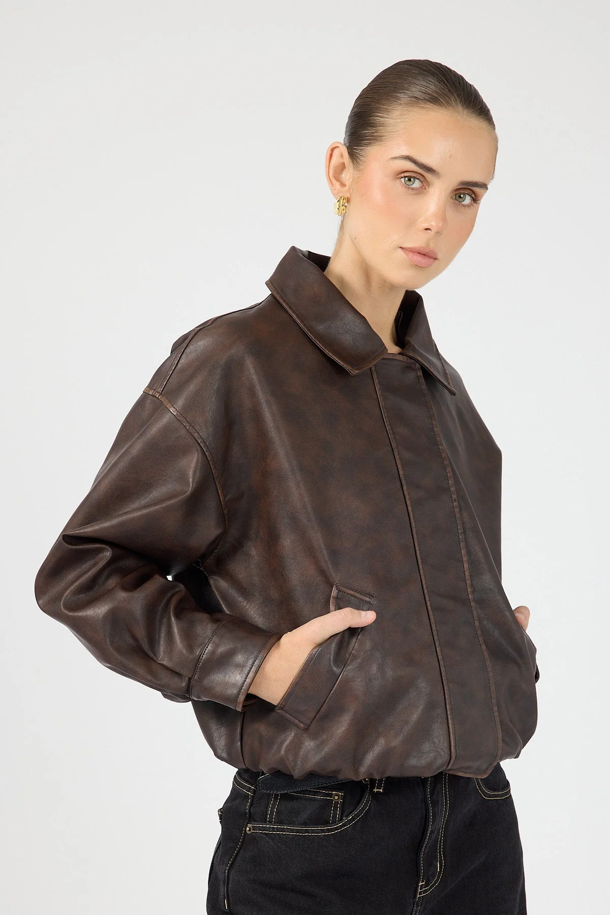 Washed Faux Leather Bomber Brown