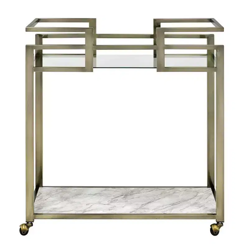 Faux Marble Top Bar Serving Cart Clear Glass/Wire Brass Finish
