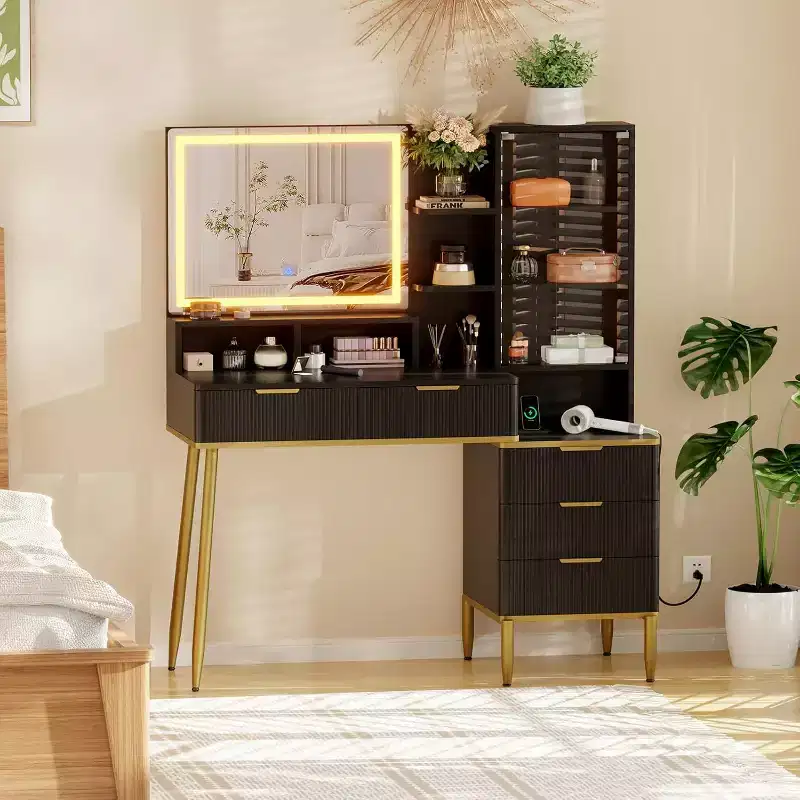 Makeup Vanity Desk -Dressing Table with Lights & Power Outlet, Fluted Vanity Desk with Mirror, 5 Drawers
