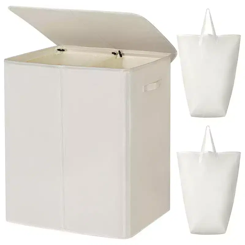 154-Liter Fabric 2-Section Collapsible Double Laundry Basket with Lid and Removable Bags