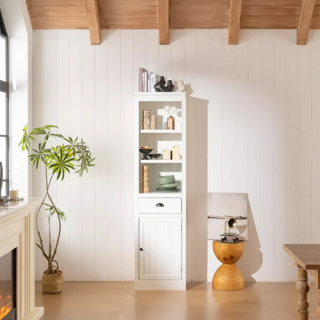 75 in Freestanding Wooden Kitchen Organizer Pantry, Farmhouse Bookcase for Hallway, Living Room, Home Office, White, 19.5x15.75x75 in