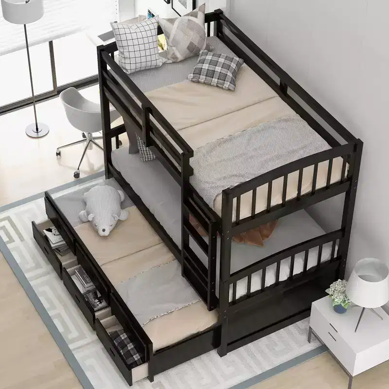 Twin over Twin Wood Bunk Bed with Trundle and Drawers, black