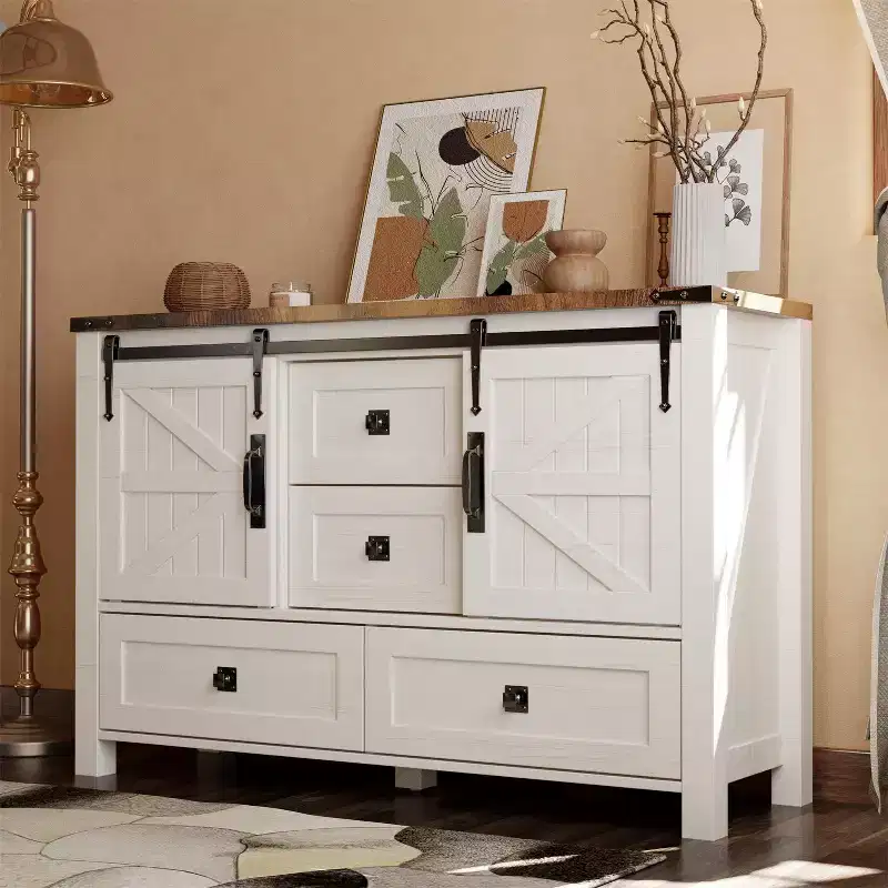 SinCiDo Farmhouse 48 Dresser w/4 Drawers & 2 Barn Doors, Chest of Drawers & Rustic TV Stand w/Adjustable Shelf for Living Room