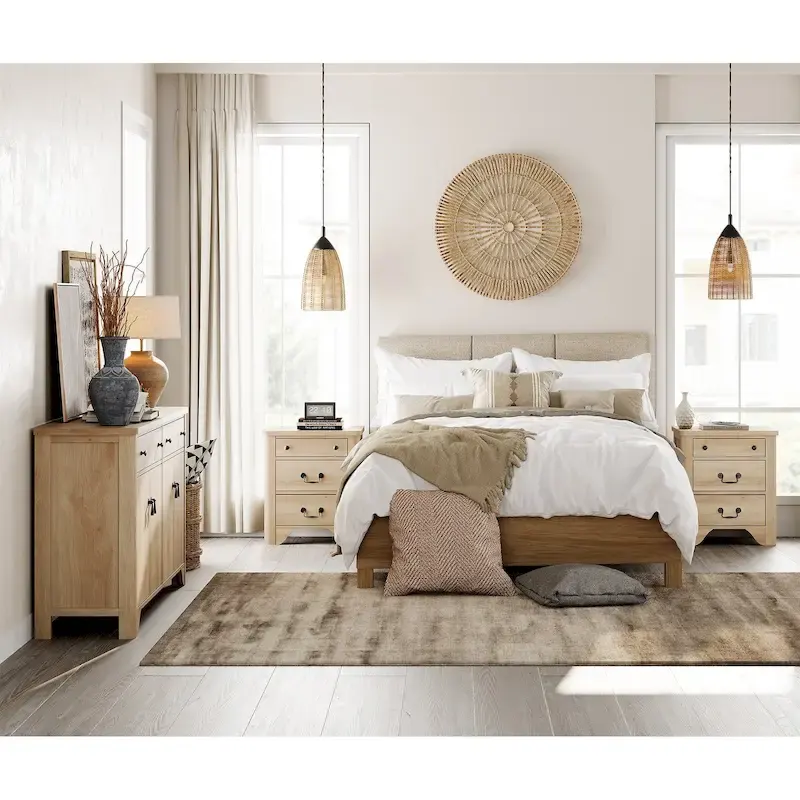 WAMPAT Farmhouse 3PCS Bedroom Set, 59 W Large Sideboard Buffet Cabinet,and Wood Nightstands Set of 2 with Charging Station