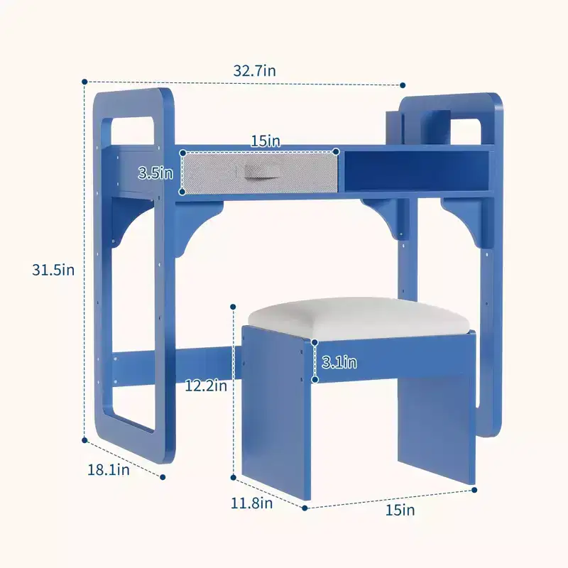 Kids Desk and Chair Set, Study Desk for Boys and Girls, Wooden Kids Writing Table with Cloth Drawers and Pen Holder