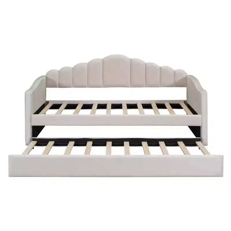 Twin Size Upholstered Daybed With Trundle, Velvet Day Bed With USB Charging Ports, No Box Spring Needed