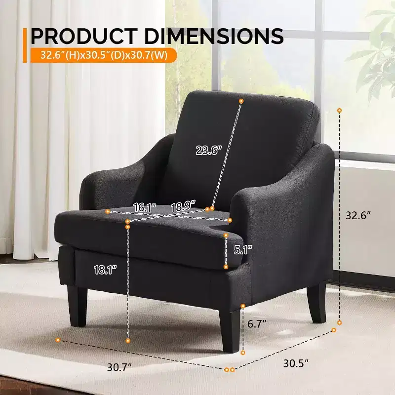 VINGLI Linen Fabric Accent Chair Black, Modern Upholstered Armchair, Comfy Sofa Chair Living Room Bedroom Furniture for Apartment