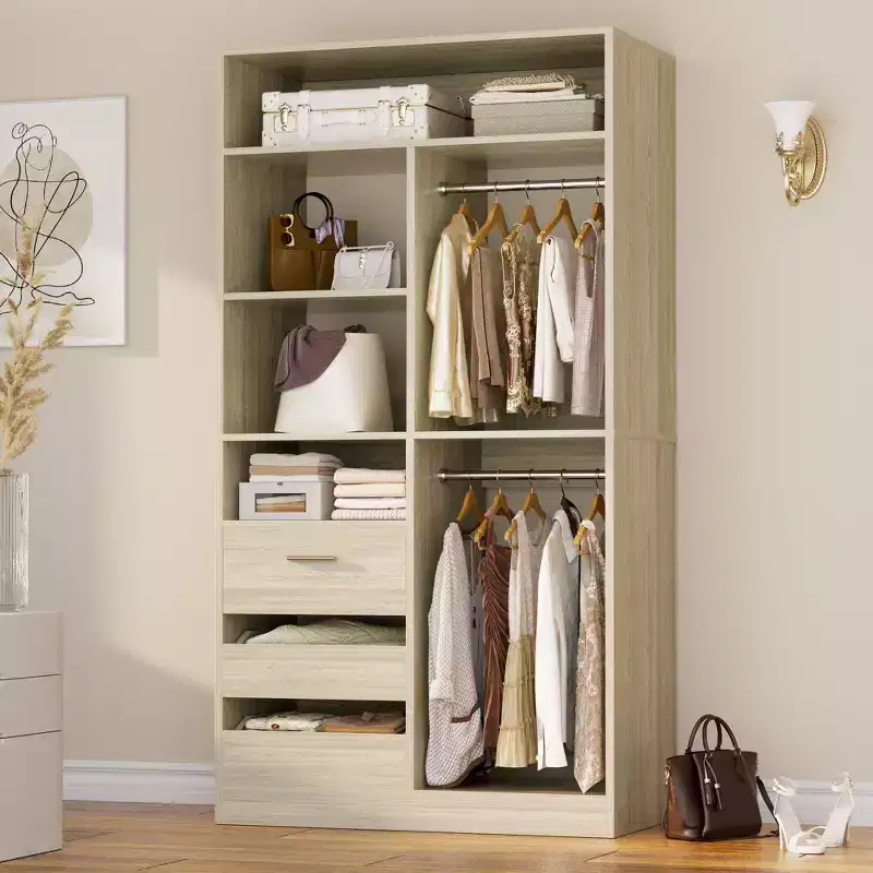 Closet Organizer with Wood Drawers, Freestanding Closet System with Hanging Rods