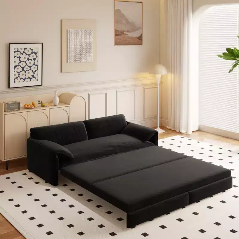 MAYEERTY 66 Queen Pull Out Sofa Bed, 3-in-1 Convertible Sleeper Sofa with Side Storage, Multifunctional Velvet Loveseat Bed for Living Room Bedroom