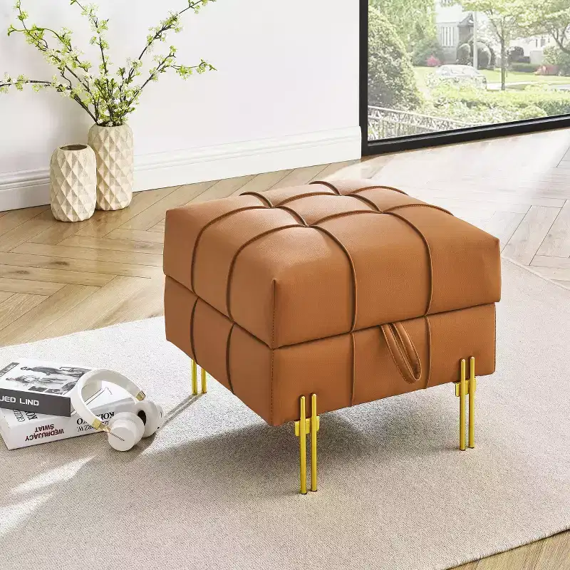 22 Inches Anti-scratch Leather Storage Ottoman, Pet Friendly Entryway Bench with Golden Stainless Steel Legs, Orange