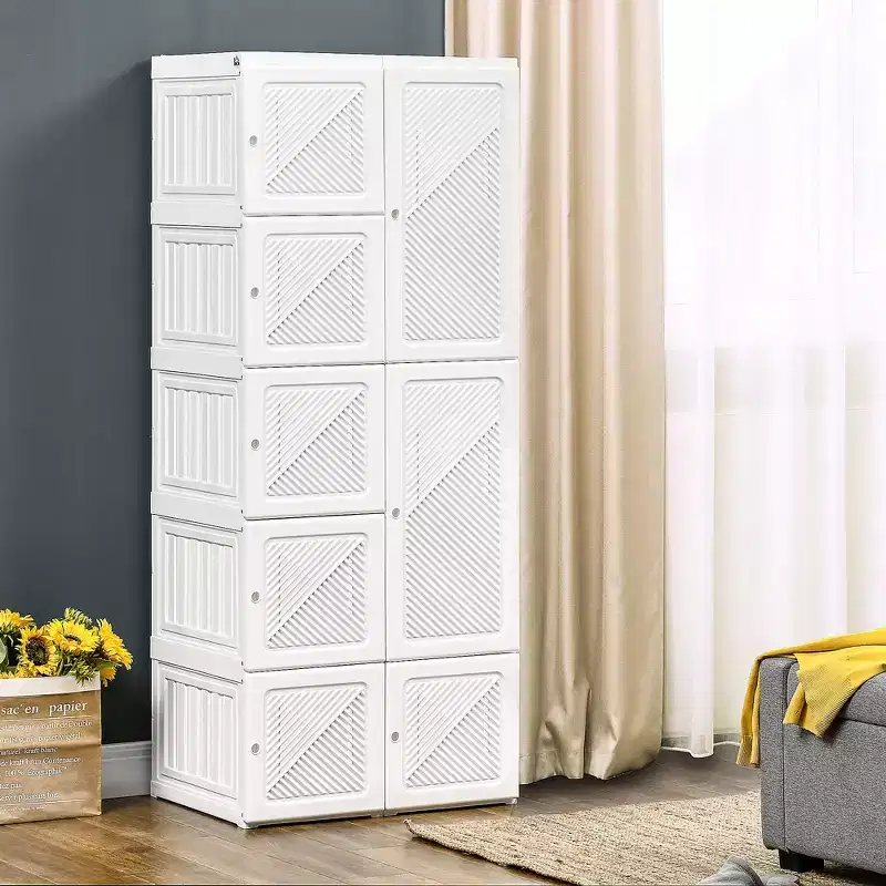 Portable Wardrobe Closet, Bedroom Armoire, Foldable Clothes Organizer with Cube Storage, Hanging Rods, and Magnet Doors, White