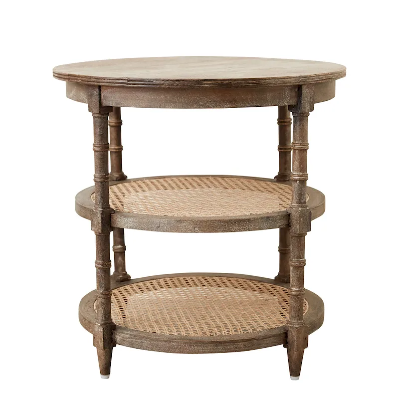 Brown / Distressed White / Grey Washed Solid Wood Round Side Table with 2 Cane Shelves for 1 Person