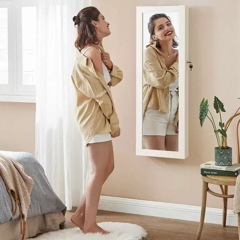 Mirror Jewelry Cabinet with Full Length Mirror, Internal LED Lights and Hooks, Wall or Door Mounted, White