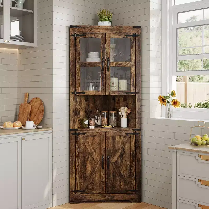 Farmhouse 67 Tall Corner Storage Cabinet with Glass Doors, Corner Hutch Display Cabinet for Kitchen, Living Room, Bathroom