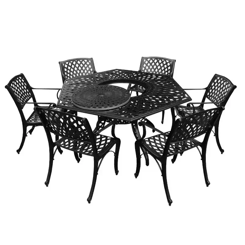 7pc Patio Dining Set with 63" Modern Ornate Outdoor Mesh Aluminum Large Hexagon Table & Modern Chairs - Black - Oakland Living: UV-Resistant