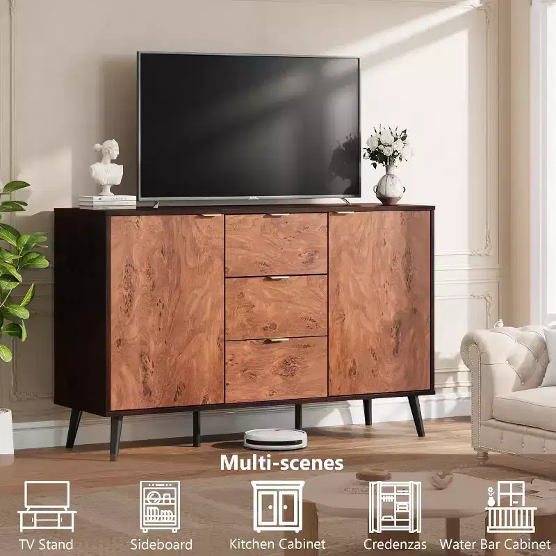 Sideboard Buffet Cabinet with Drawers and Shelves, Credenza Storage Coffee Bar with Metal Handles, Robot Vacuum Friendly for Kitchen and Dining