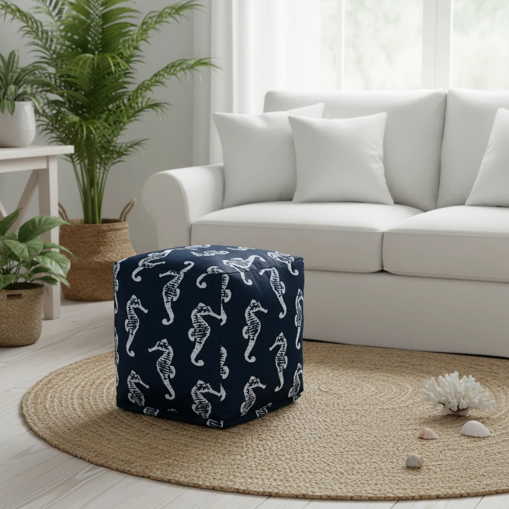 Cube Pouf, Square Footrest and Extra Seating, Sea Horse Pattern
