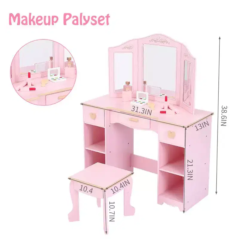 Girls' Vanity Table and Chair, Kids Makeup Dressing Table with Wood Makeup Playset Toy, Kids Vanity with Mirror & Drawer
