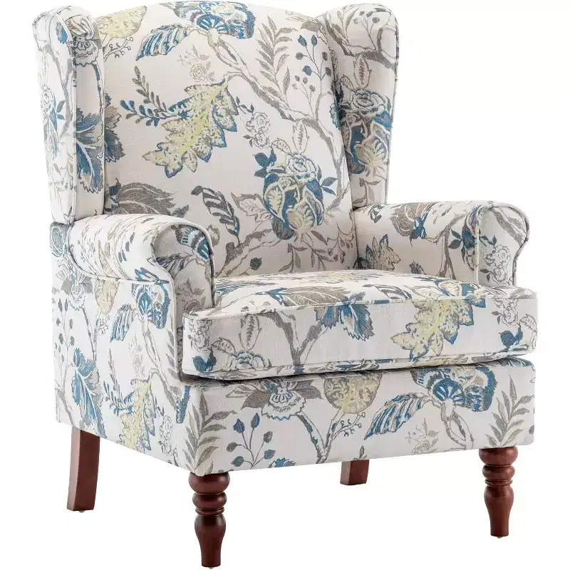 Blue Floral Print Upholstered Accent Armchair, Solid Wood Frame, High-Density Foam, 350 lb