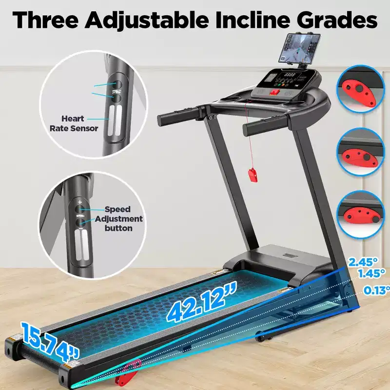 3HP Folding Treadmill 300 lb Capacity, 3-Level Manual Incline, 0.67.5 MPH, 71 Programs, FitShow App, Bluetooth Speakers, LED Display