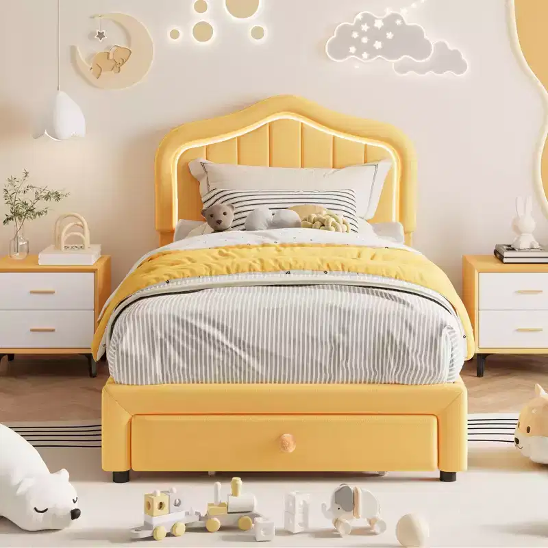 Twin Velvet Led Platform Bed with Storage Drawer & Headboard,Kids Bed Frame with Wooden Slats, No Box Spring Needed for Boys & Girls
