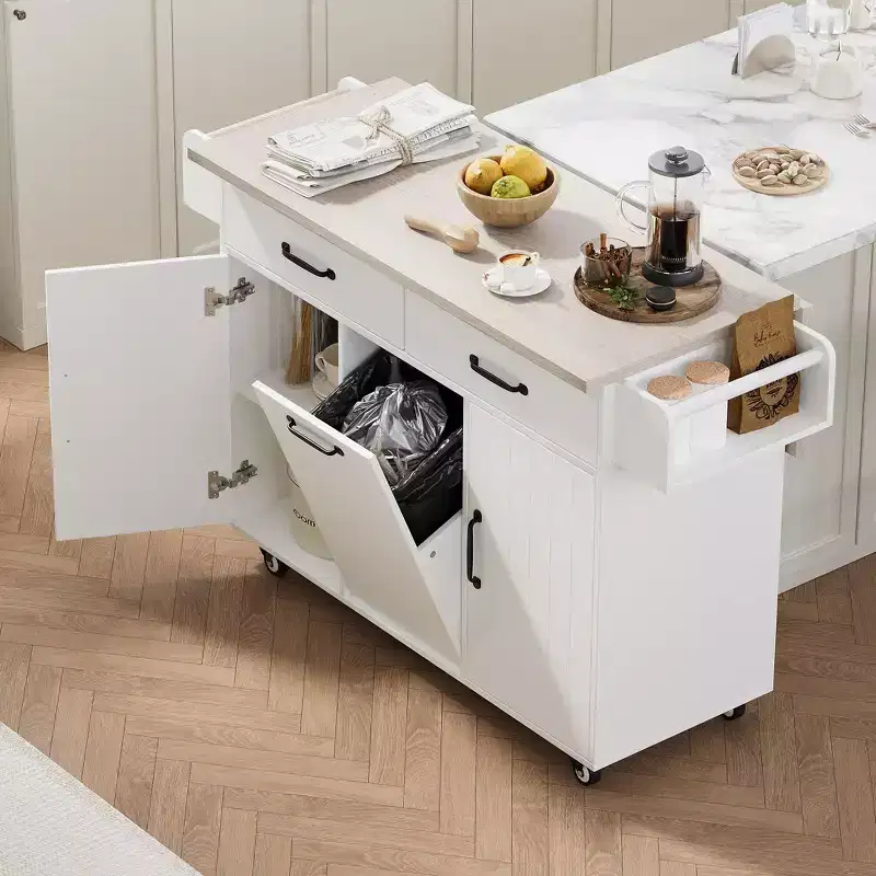 White Kitchen Island with Trash Can Storage Cabinet Kitchen Cart on Wheels with Drop Leaf Rolling and Adjustable Shelf