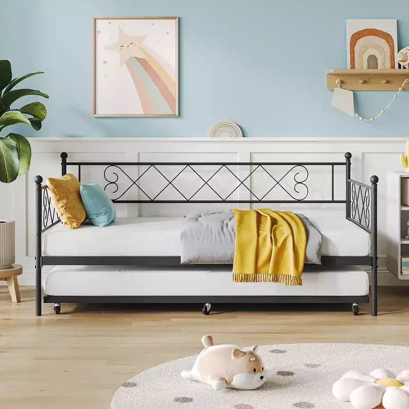 Whizmax Twin Metal Daybed with Trundle, Space Saving Trundle Sofa Bed for Living Room, Bedroom and Guest Room