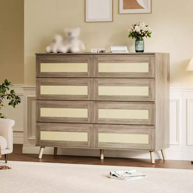 8 Drawer Dresser for Bedroom, Rattan 47'' Wide Chest of Drawers, Wooden Storage Dressers Organizer, Media Console Table for Living Room Hallway