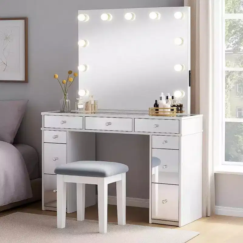 Royal Hampton Vanity Set With Lighted Mirror And Padded Stool, White-Gray