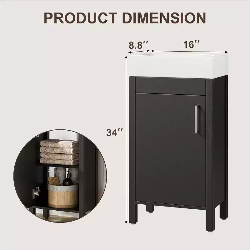 16 Bathroom Vanity with Sink & Soft-Closing Door - Compact Storage Cabinet for Powder Room Small Bath
