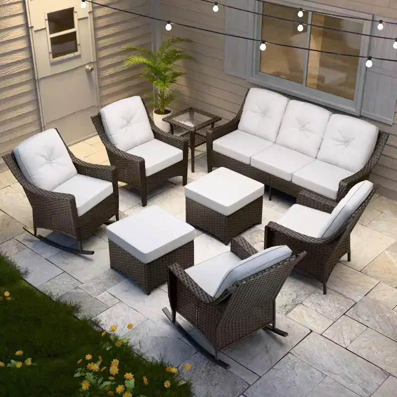 EAGLE PEAK Azure Bay 8 Pieces Wicker Outdoor Patio Furniture Set, Sofa 4 Chairs with Ottomans and Side Table