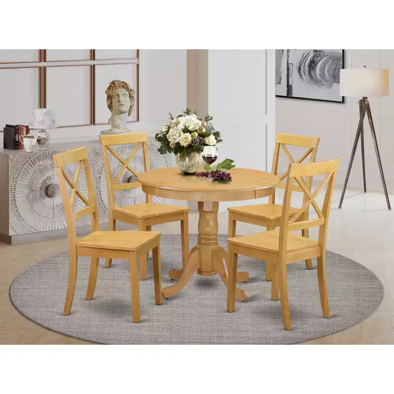 5-Piece Round Pedestal Dining Set – Oak, X-Back Chairs, Seats 4
