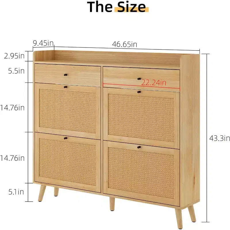 Farmhouse Rattan Entryway Shoe Cabinet, 4 Turn Drawers, 2 Pull-Out Drawers, Hidden Shoe Rack, for Hallway, Living Room