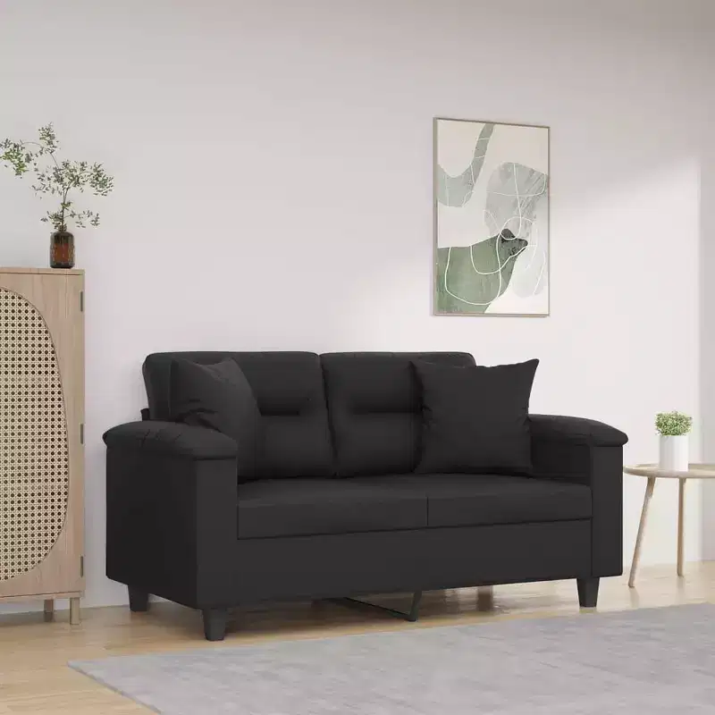 2-Seater Sofa with Throw Pillows Loveseat Couch Black Faux Leather