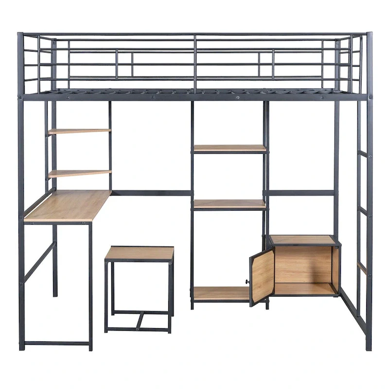 Full Size Loft Bed with Built-in Desk and Stool, Metal Frame, Teen Study Bedroom