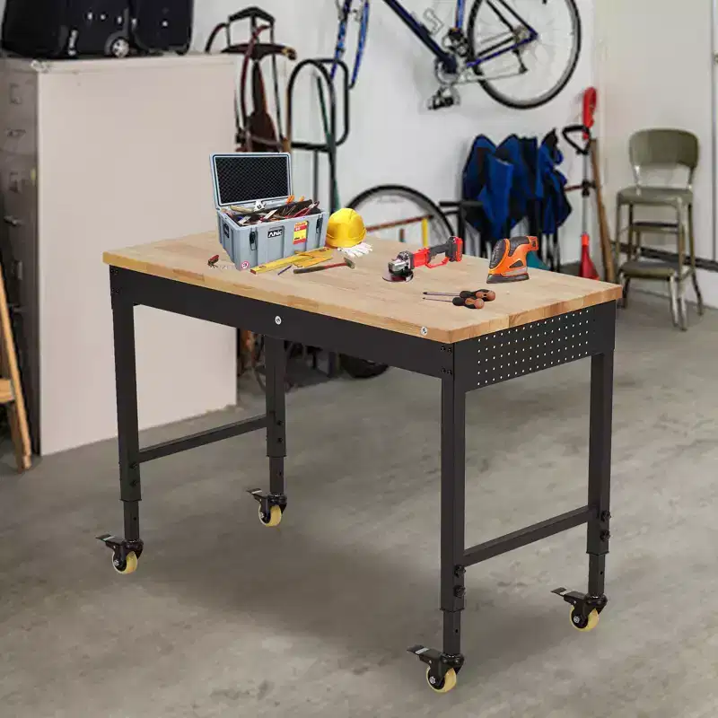 Adjustable Heavy Duty Workbench with Drawers, Pegboard, Backplate & Light Strip  48 Rubber Wood Top, 2000lbs Load, Mobile Table