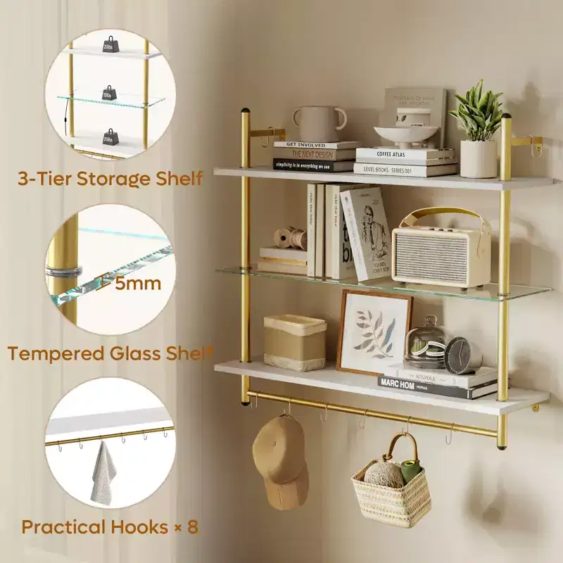 Bestier 41 Floating Shelves with LED Light, 3-Tier Wall-Mounted Wood Shelves with 8 S-Hooks, White Finish & Gold Frame