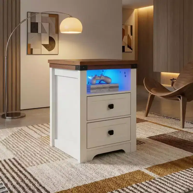 Homy Casa 2 Drawer Nightstand, Modern Side End Table with Charging Station and LED Light, White