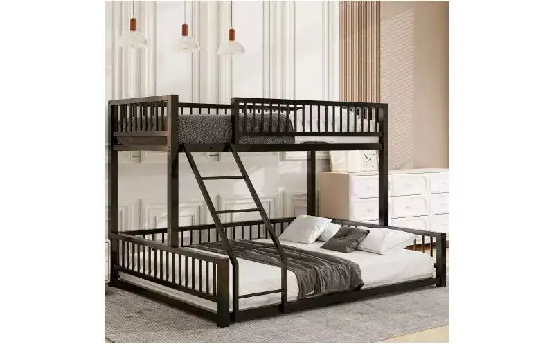 Bellemave Twin XL over Queen Floor Bunk Bed Frame with Ladder and Safety Guardrails,Metal Floor Bunk Bed with Detachable Design,Easy Assemble, Black