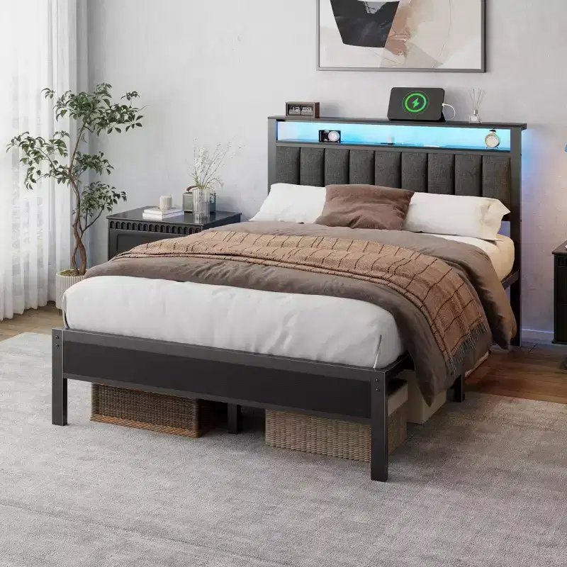 Full Size Platform Bed Frame LED Lights Charging Station Gray Upholstered Headboard Storage Shelves Modern Bedroom Furniture Kids Teens USB