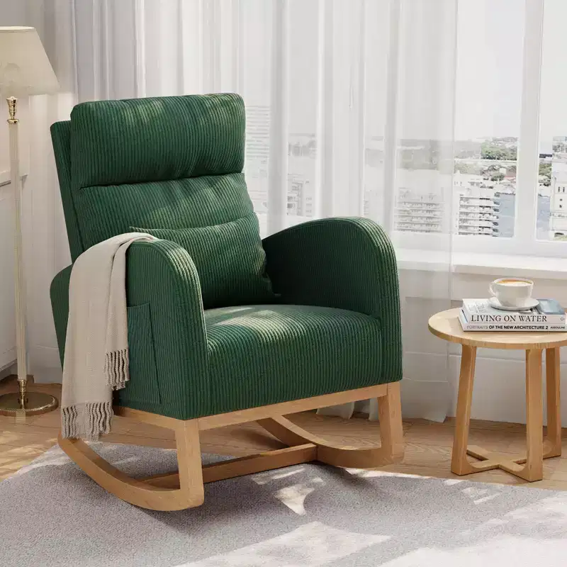 Modern Nursery Glider Chair - Rocking Chair with Side Pockets & Pillow, Ergonomic Rocker for Nursing Room, Living Room & Bedroom