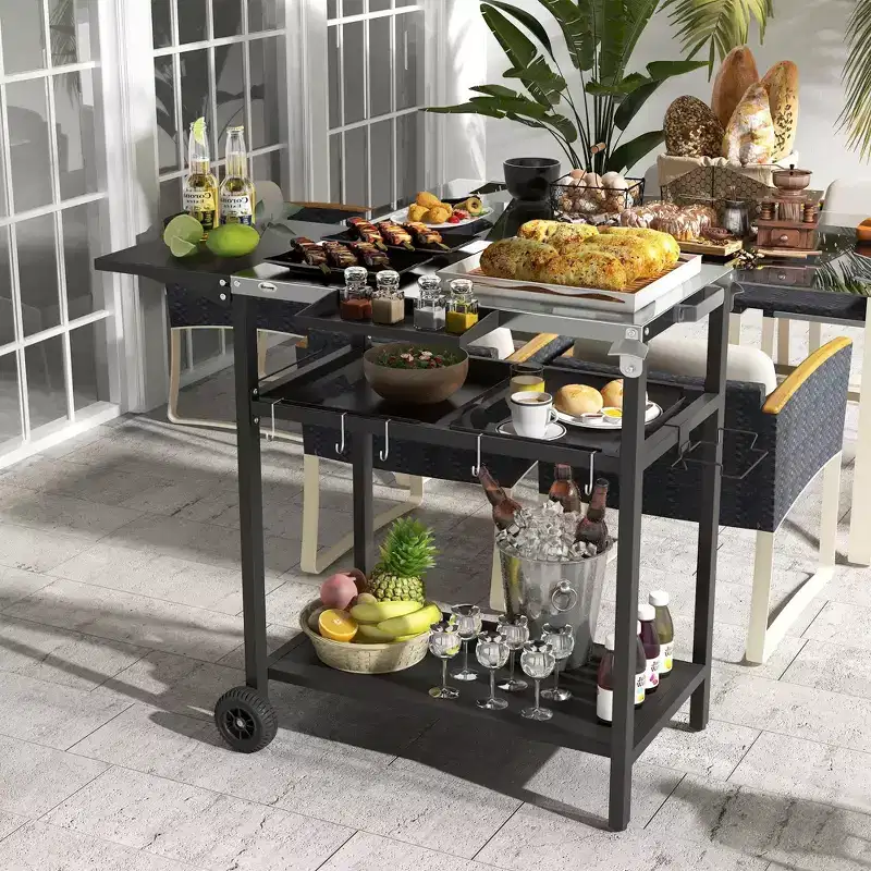 Bar Serving Cart Outdoor Kitchen Island with Stainless Steel Top and Storage for Patio, Black, 48