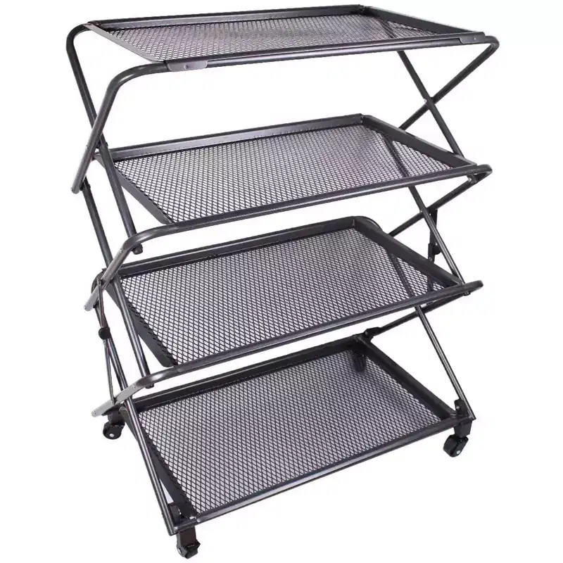 Zenree 4-Tier Foldable Steel Shelf with Casters, Powder-Coated Finish, Removable Mesh Trays, 39H