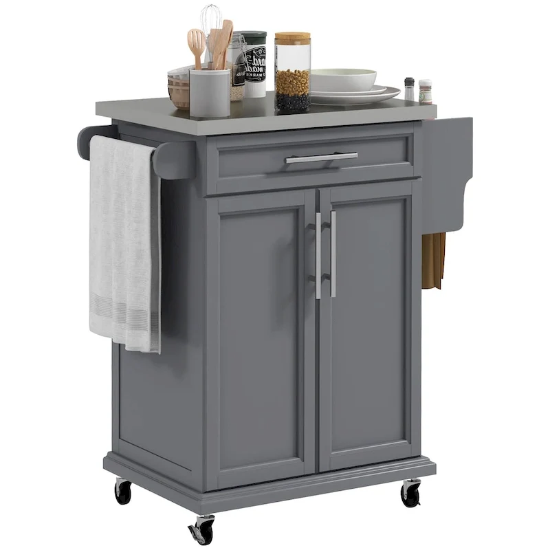 Kitchen Island on Wheels, Rolling Kitchen Cart with Stainless Steel Countertop, Drawer, Gray