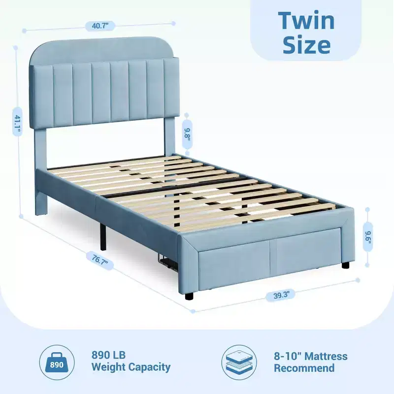 Twin Upholstered Kids Bed Frame with  Headboard & Large Storage Drawer - Quiet,Wood Slat Support, No Box Spring Needed
