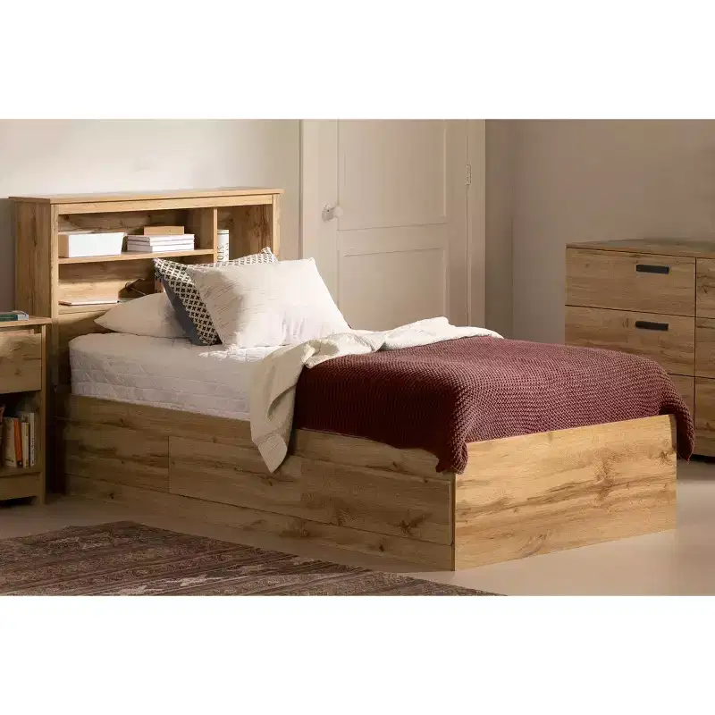 South Shore Twin Bed and Headboard Set Nordik Oak: 6-Compartment Storage, Laminated Particle Board