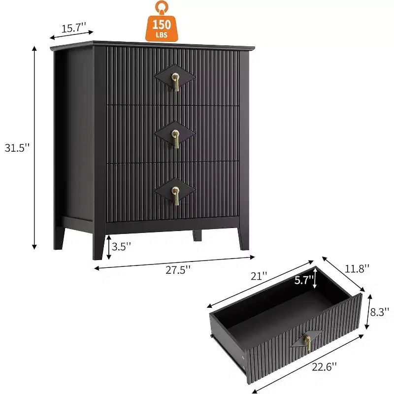 Acekool 27.6 3-Drawer Fluted Dresser, Modern Storage Organizer Cabinet with Deep Drawers