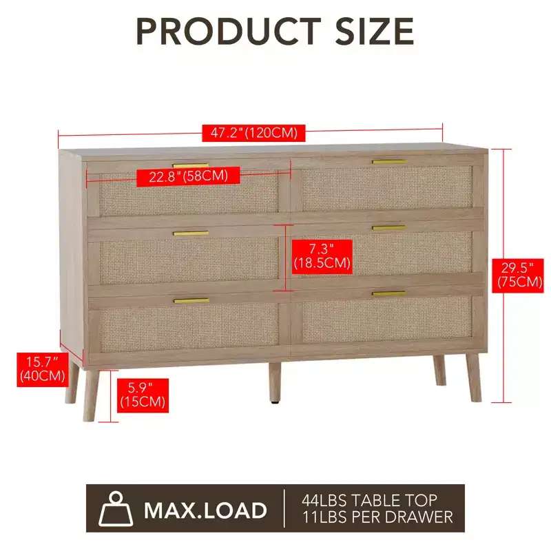 8 Drawer Dresser, Natural Rattan Dresser for Bedroom with 5 Strong Legs, Farmhouse Wood Chest of Drawer with Golden Handles
