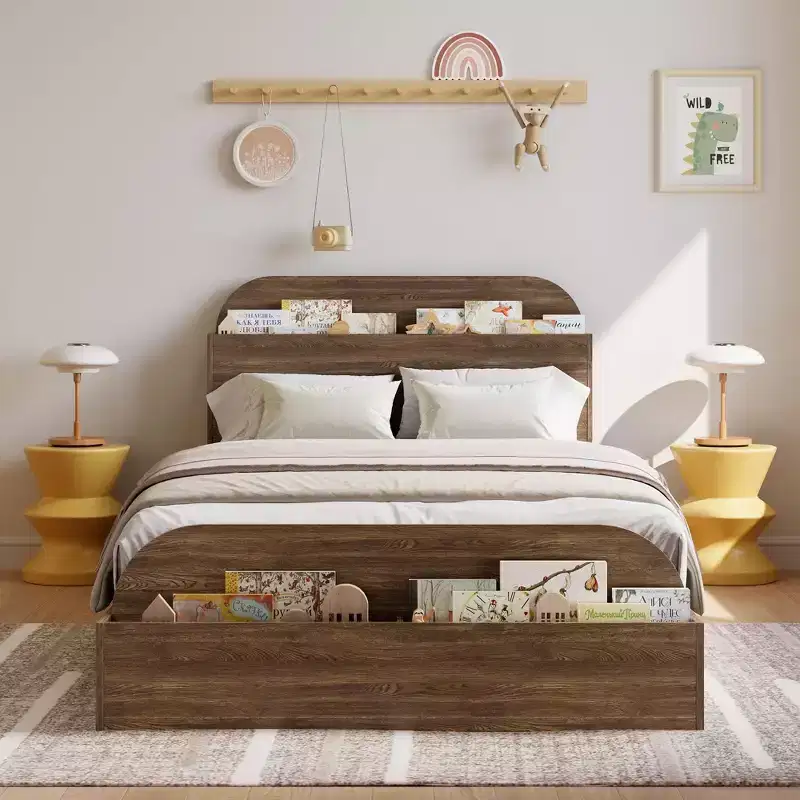 Bed Frame. Wooden Beds with Storage Headboard and Raised-Foodboard. Low Platform Bed for Bedroom